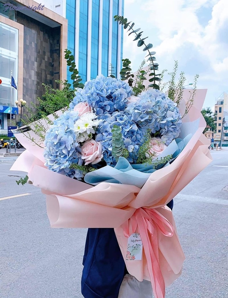 Cẩm tú cầu xanh với hoa hồng sự kết hợp lãng mạn