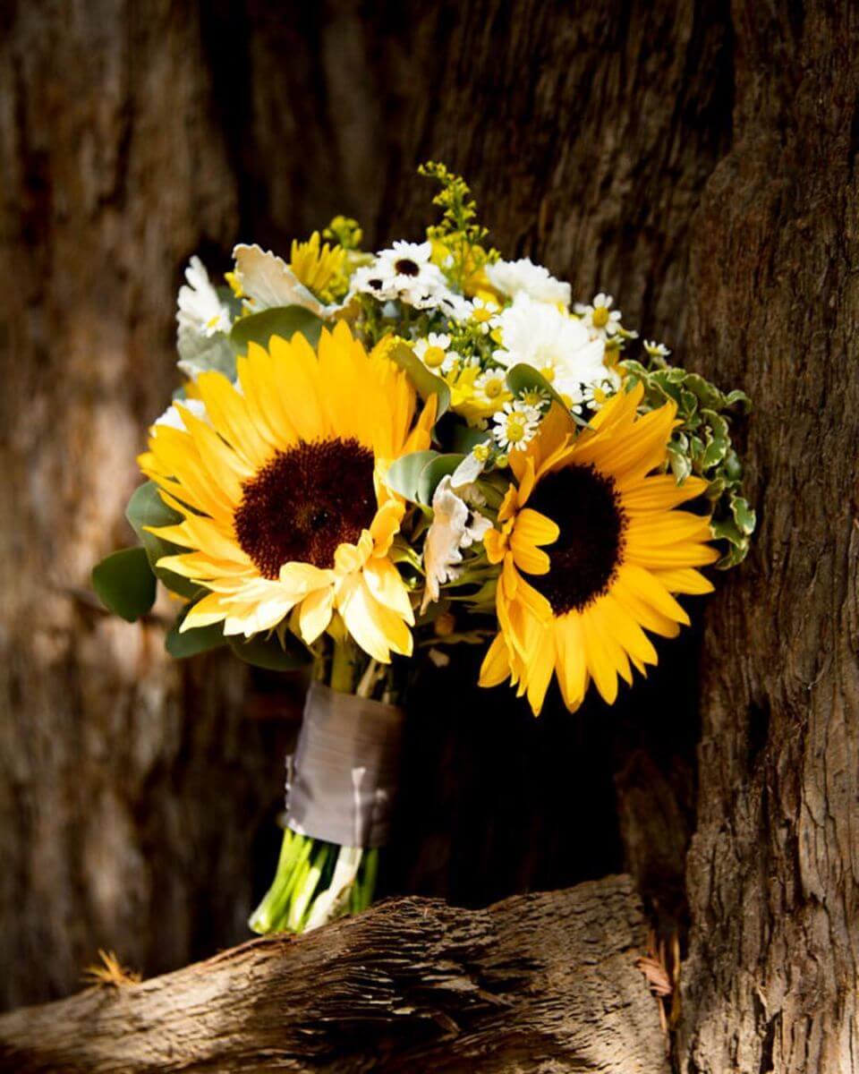 Bó hoa cưới cầm tay hướng dương dạng tròn
