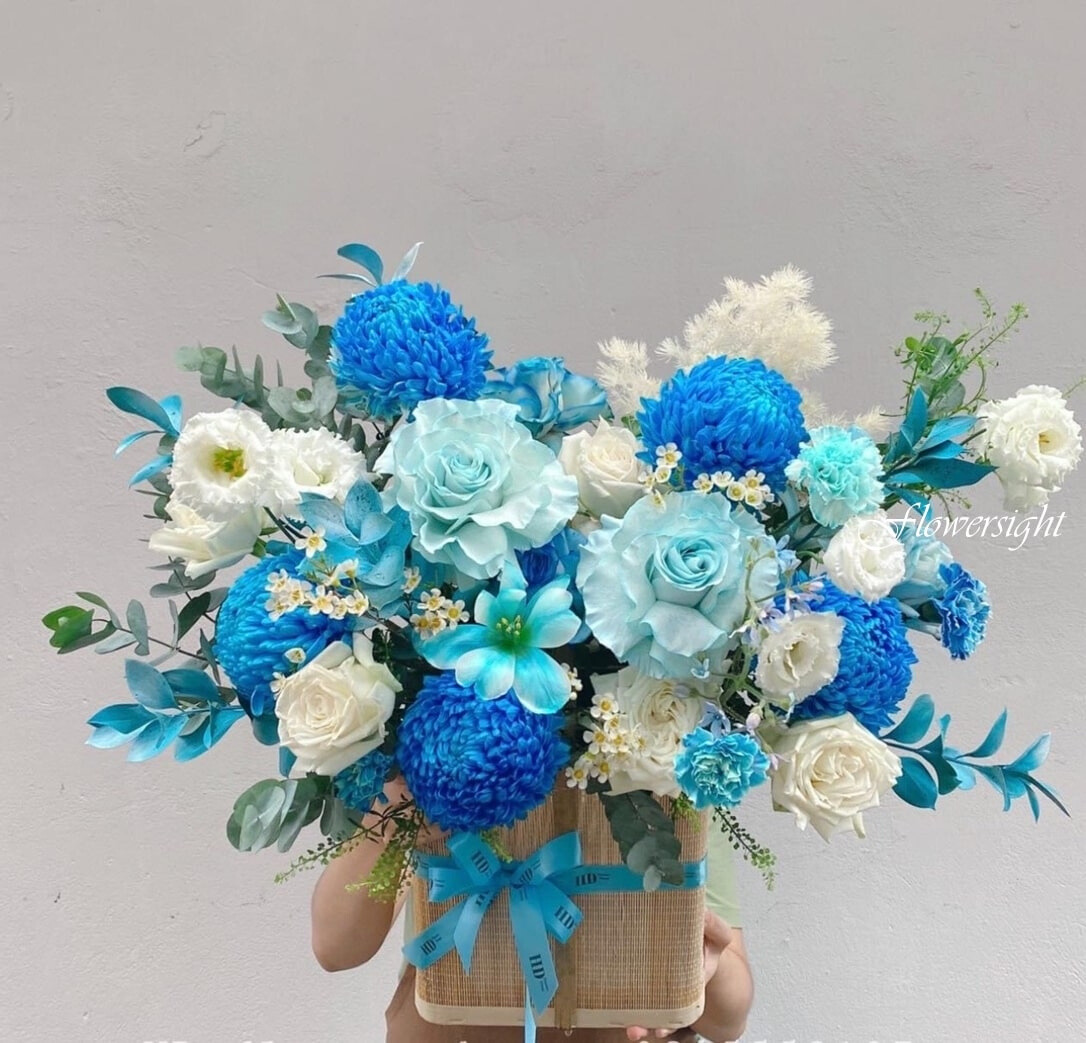 giỏ hoa cúc mẫu đơn xanh dương