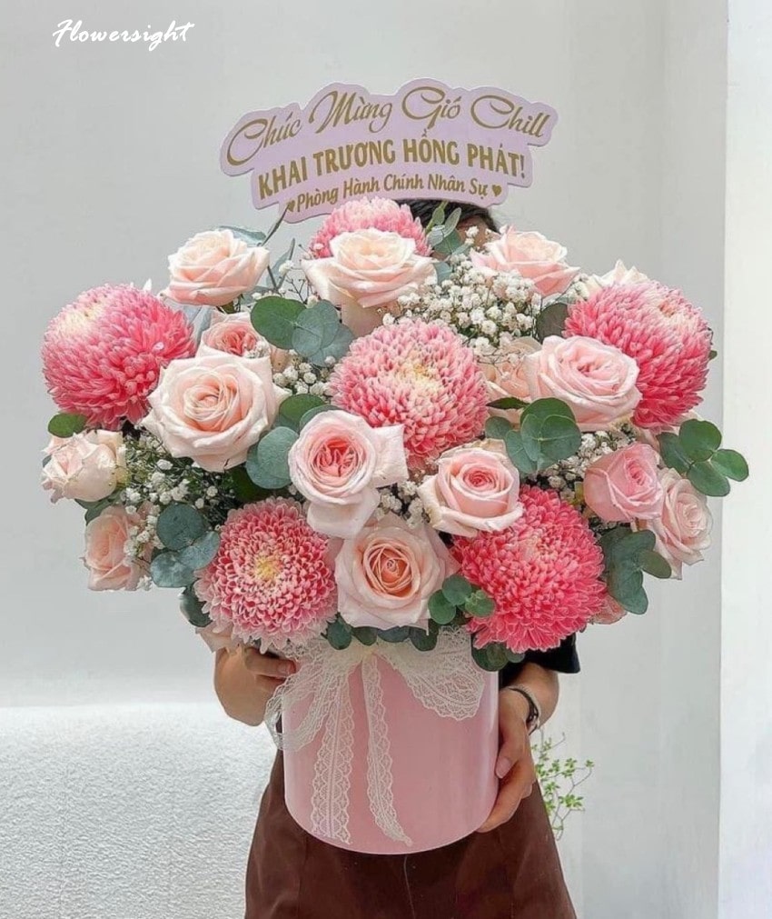 Lẵng hoa hồng kết hợp cùng cúc mẫu đơn