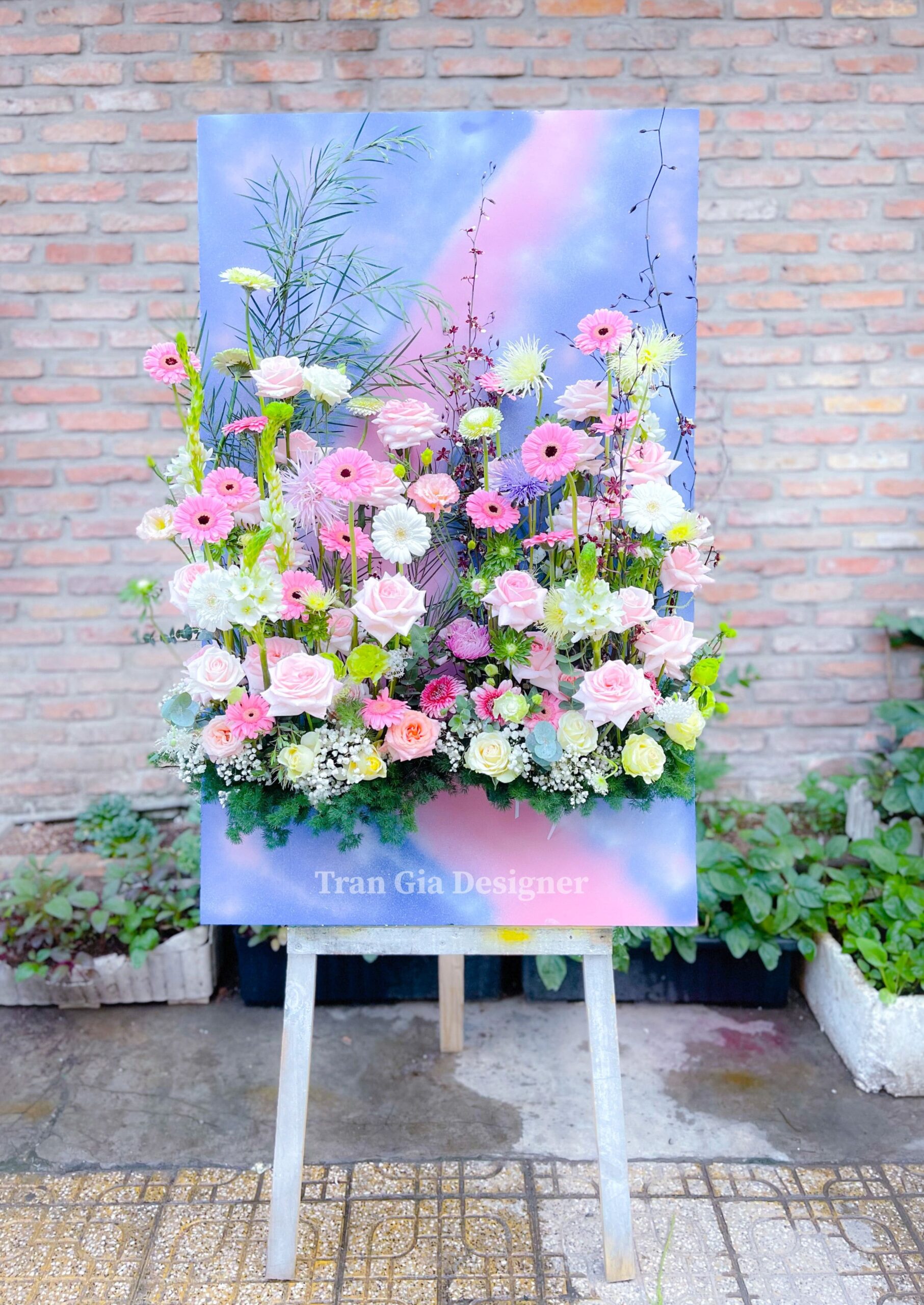 Lẵng hoa cưới 2 tầng màu hồng tím mộng mơ