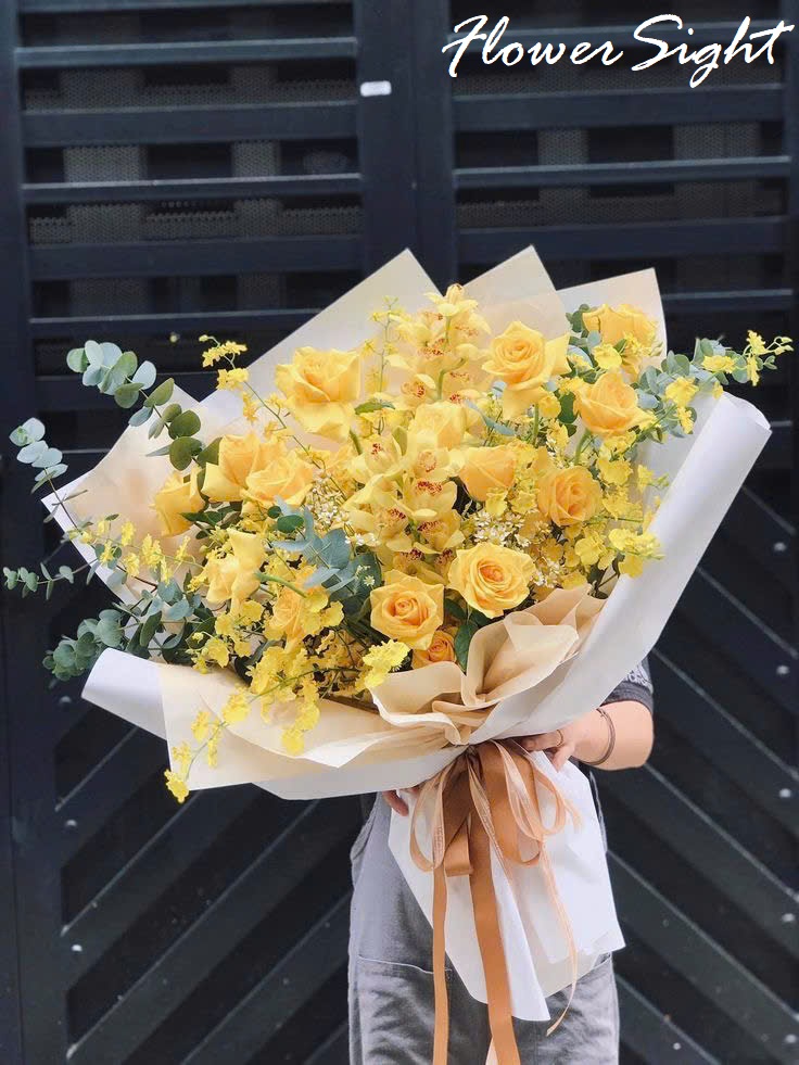 Bó hoa hồng vàng kết hợp cùng hoa lan