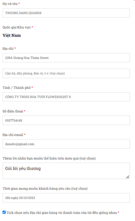 Các mục cần phải điền để thanh toán đơn hoa